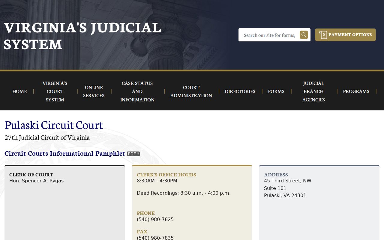Pulaski Circuit Court page for the courthouse located in the Town of Pulaski
