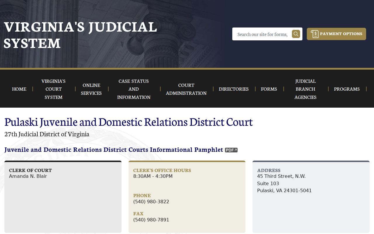 Pulaski Juvenile and Domestic Relations Court clerk contact and schedule