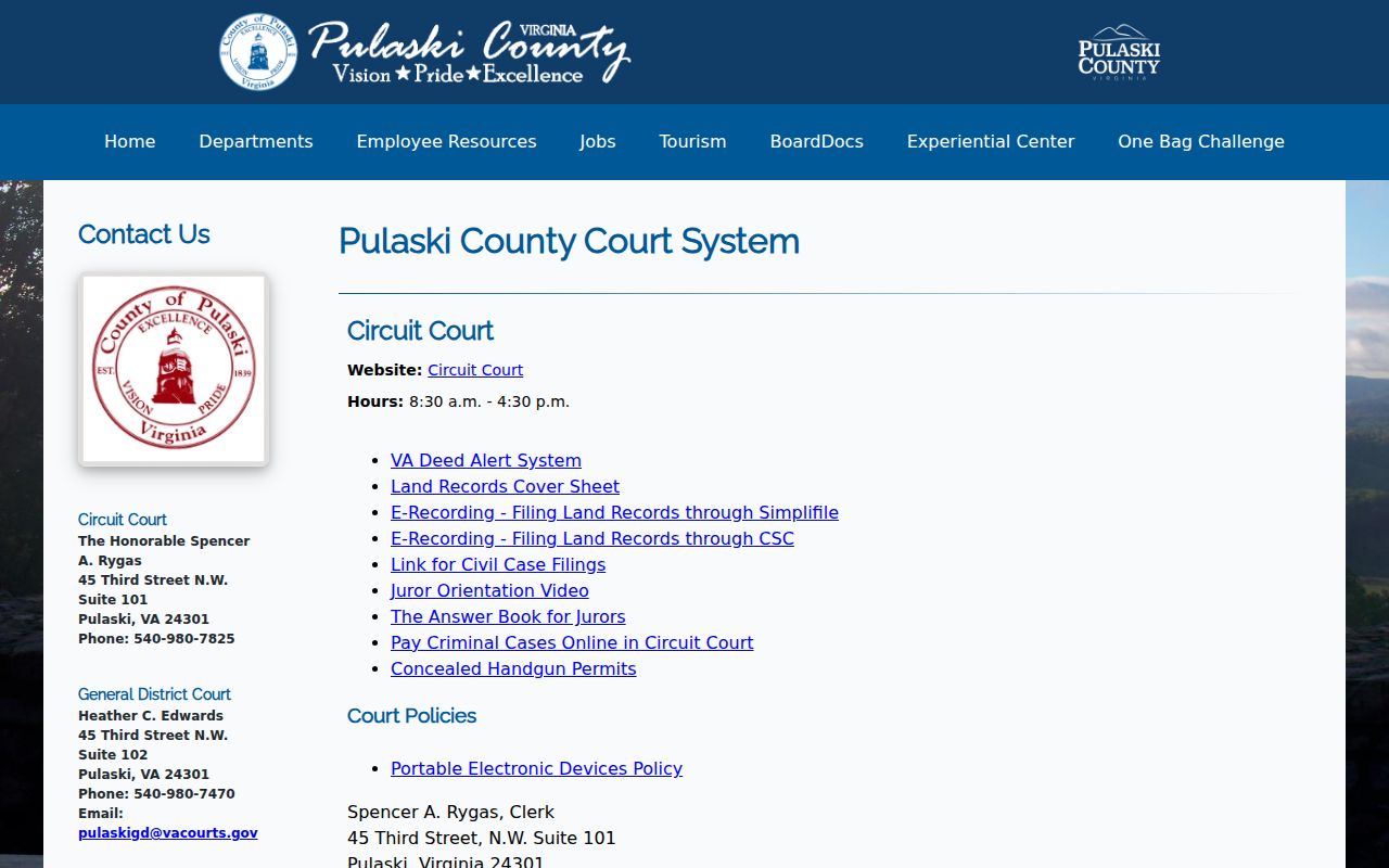 Pulaski County courthouse offices for Circuit, General District, and Juvenile and Domestic Relations courts