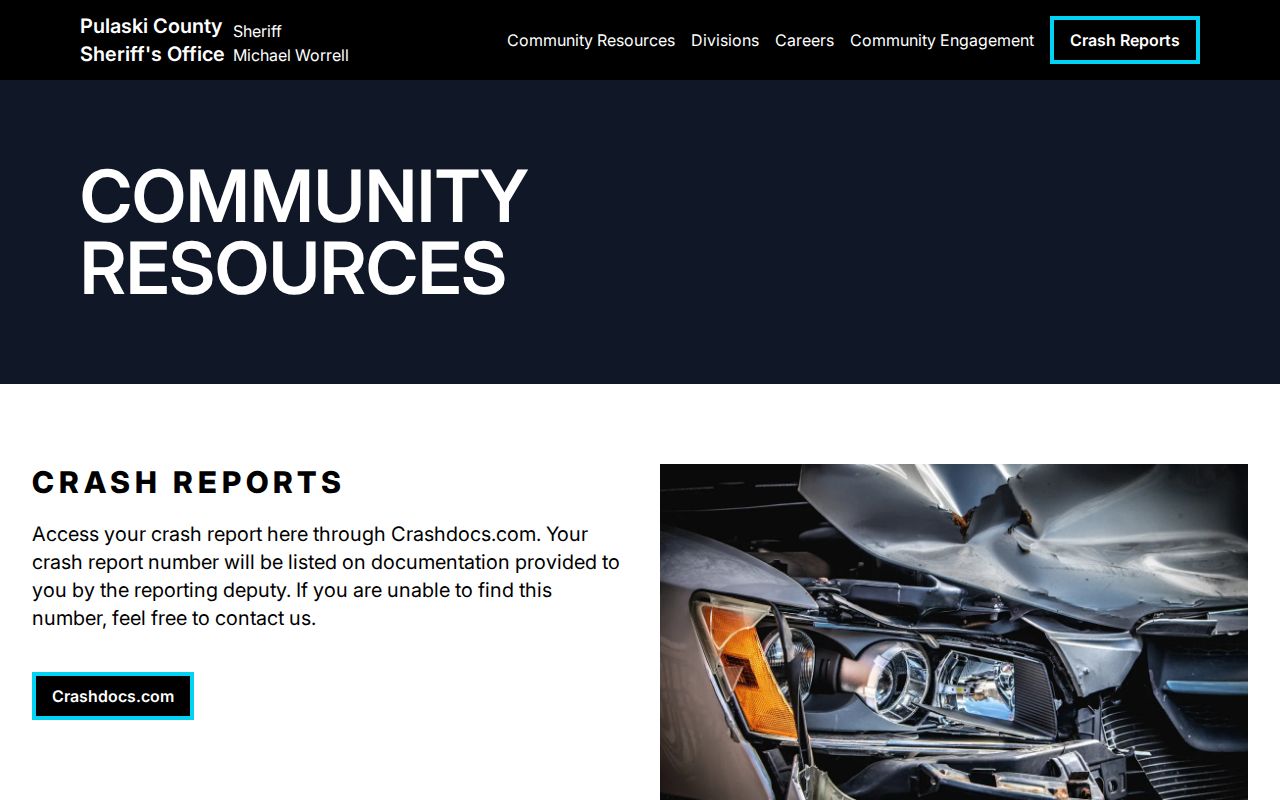 Pulaski County Sheriff's public resource page directing visitors to court information