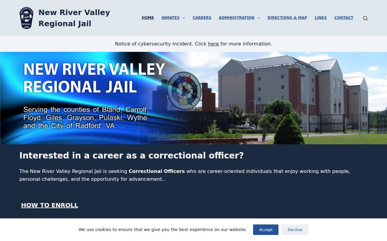 New River Valley Regional Jail website with bonding and bail information