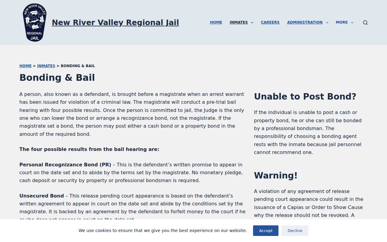 New River Valley Regional Jail bonding and bail information