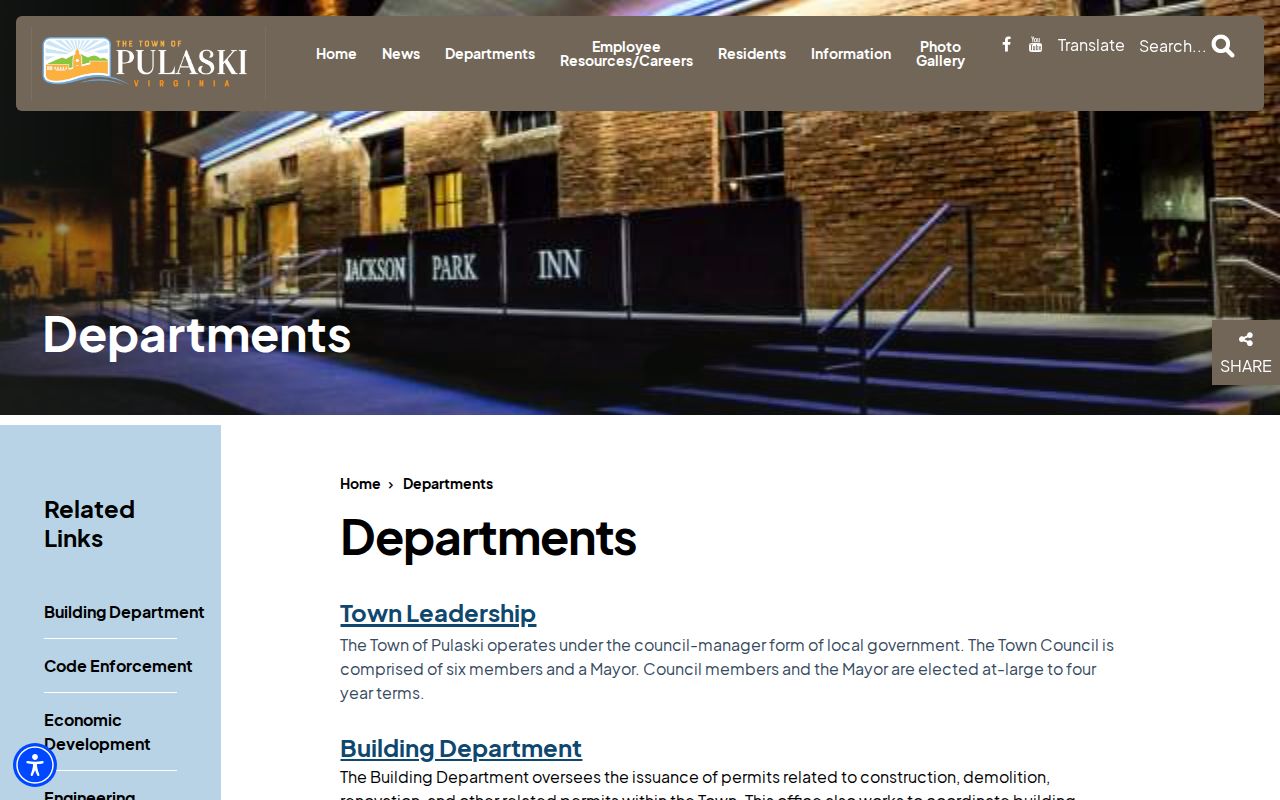 Town of Pulaski departments page confirming Pulaski Police as the primary agency