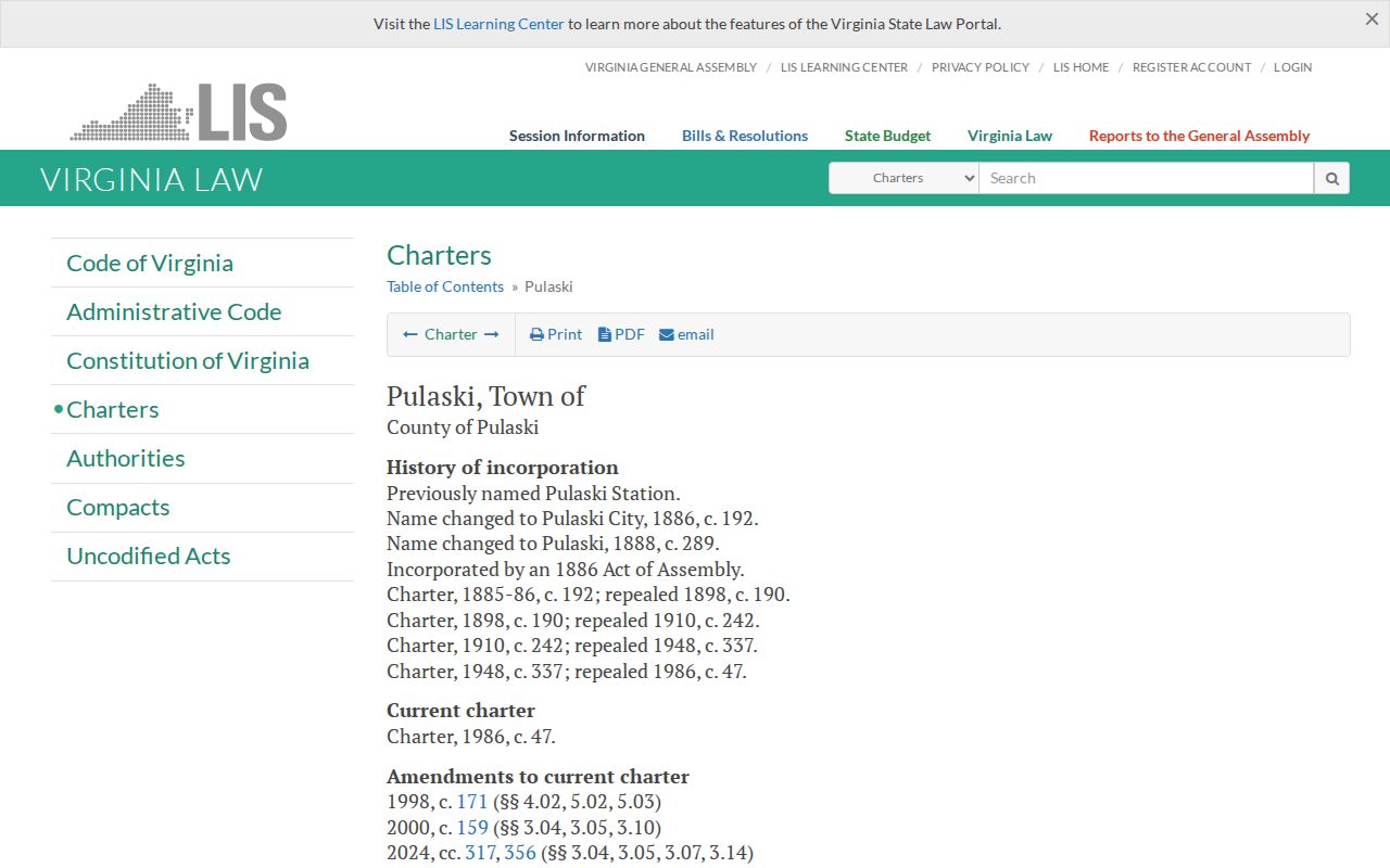 Pulaski town charter reference for local ordinance and court process