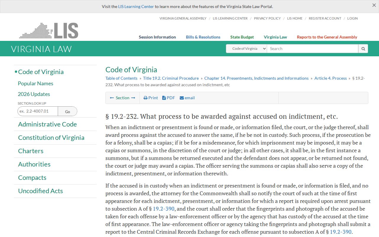 Virginia capias statute and summons process information