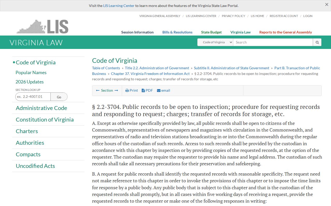 Virginia FOIA statute section on inspection requests and charges