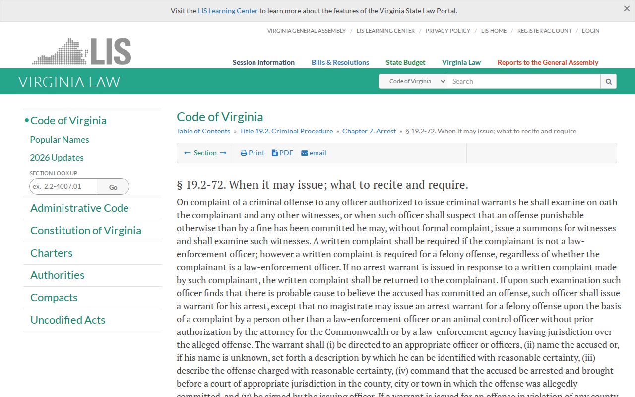 Virginia statute on probable cause complaints and arrest warrants