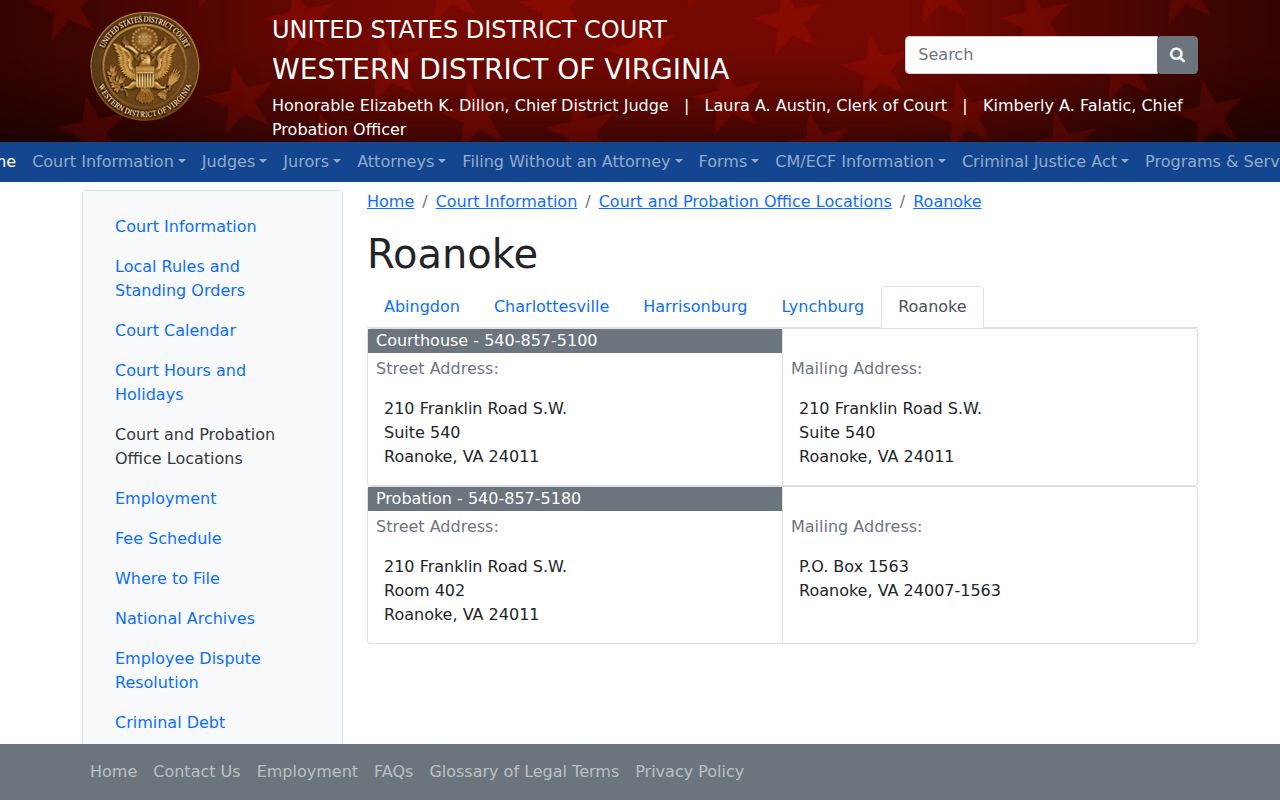 U.S. District Court and federal courthouse location in Roanoke