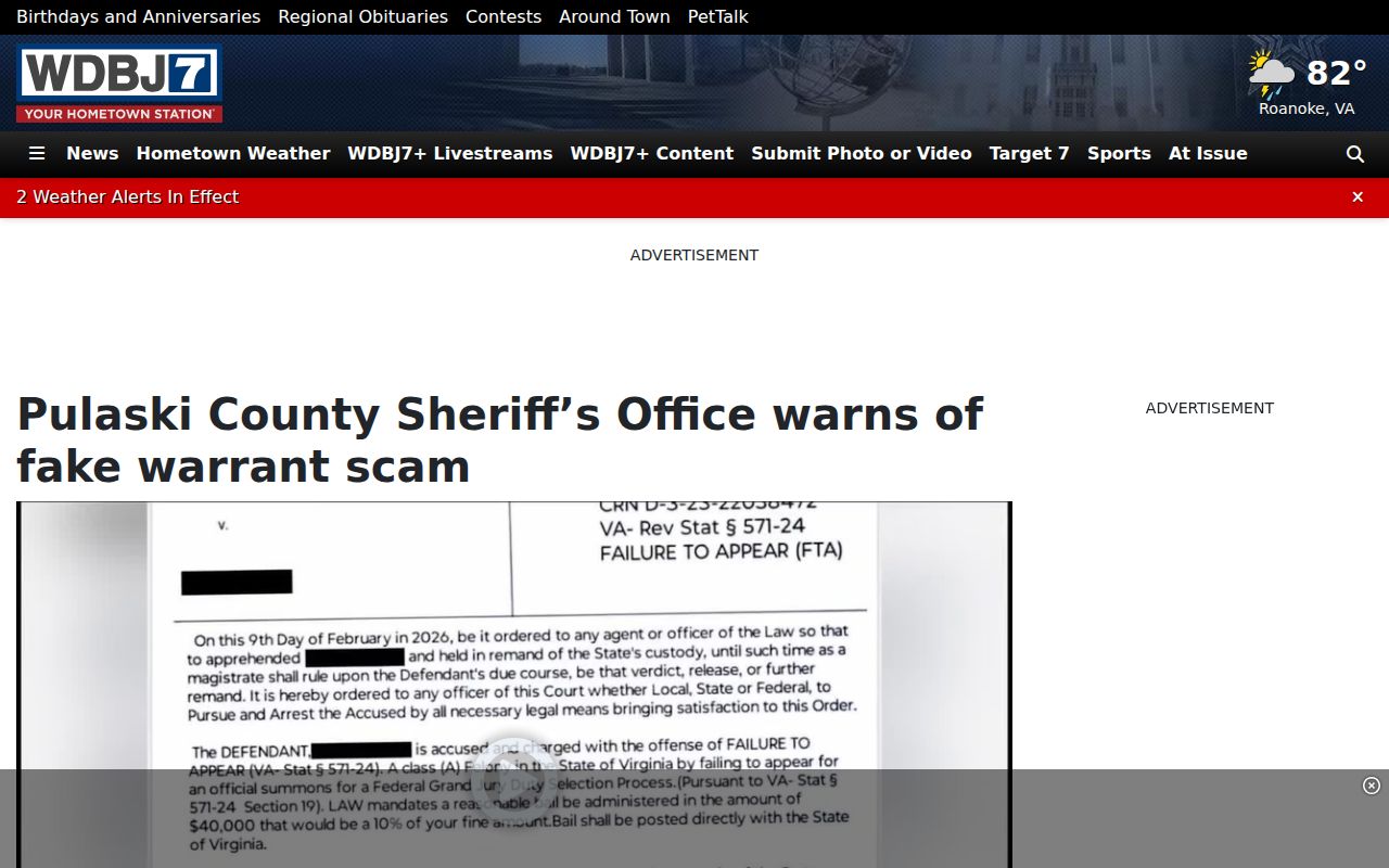 Local news report showing the Pulaski County Sheriff's warning about fake warrant payment demands