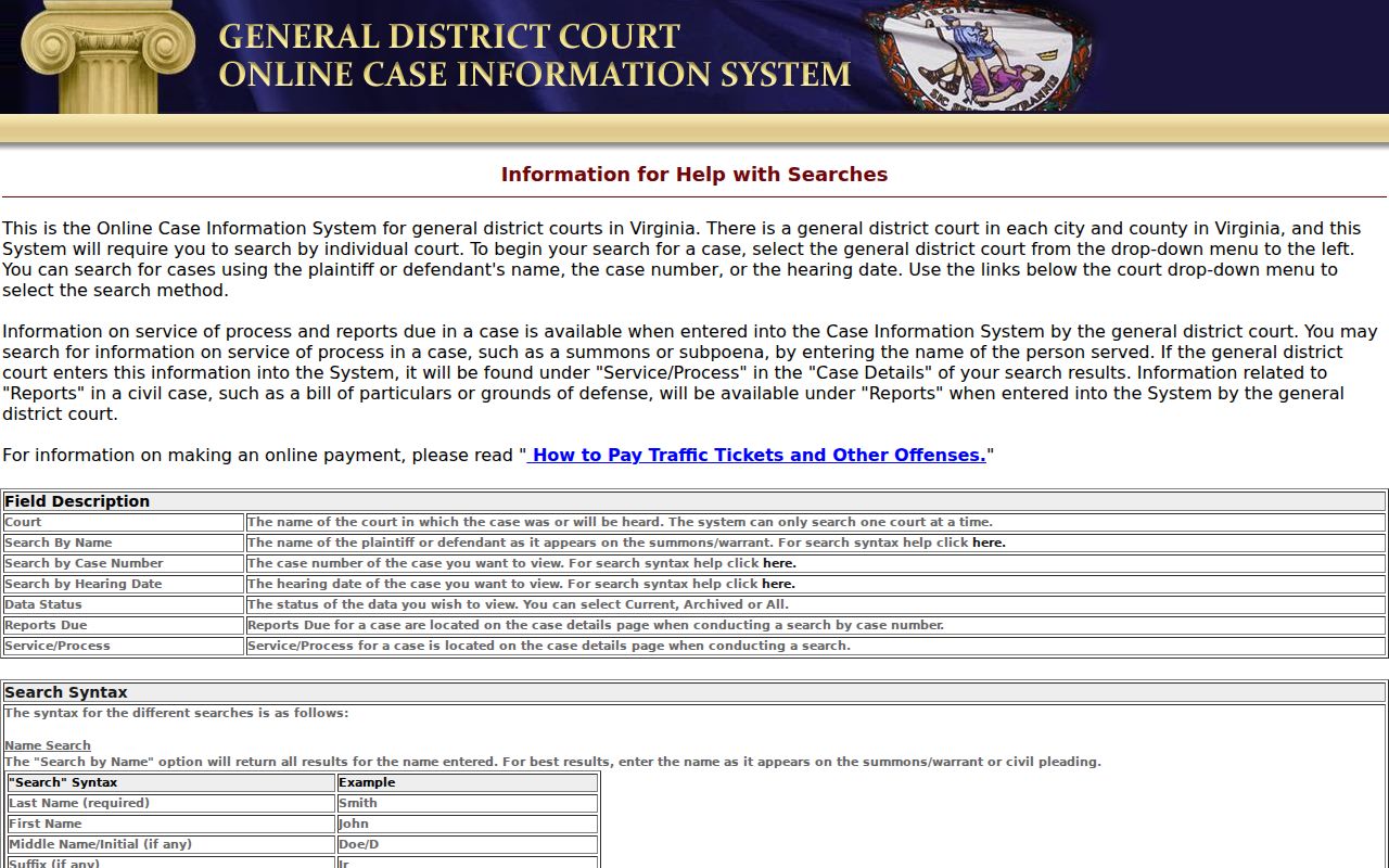 General District Court help page showing case and date search fields