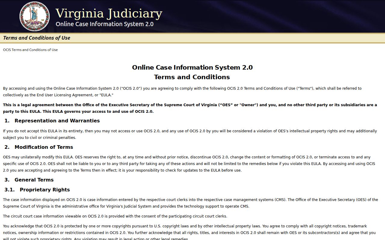 Virginia statewide court case search entry page