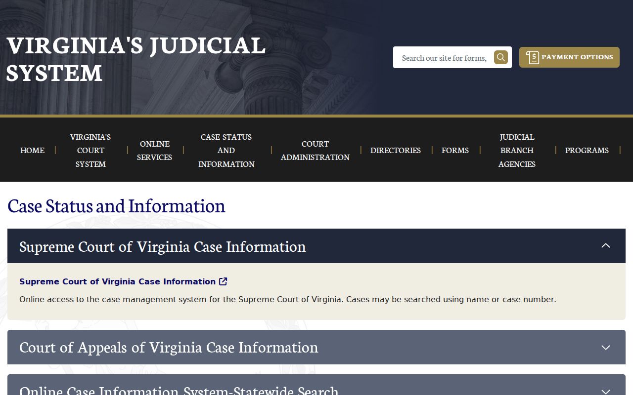 Virginia court case information page identifying statewide court search options